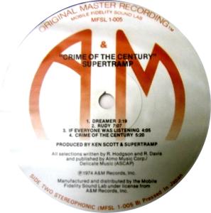 Supertramp: Crime Of the Century U.S. Mobile Fidelity Sound Labs album label