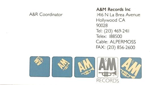 A&M Records business card 1980s