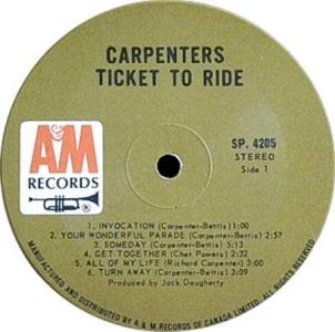Carpenters: Ticket to Ride Canada stock album label