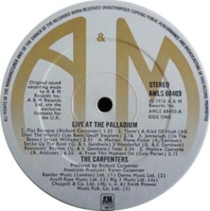 The original label from the Britain-only <i>Live at the Palladium</i> by Carpenters from 1976.