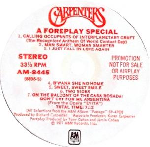 Carpenters: Foreplay Special U.S. promo 7-inch