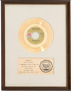 Carpenters: (They Long to Be) Close to You RIAA gold single
