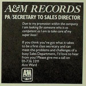 A&M Records, Ltd. employment ad