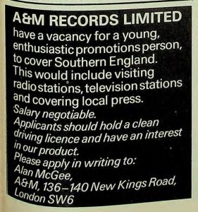A&M Records, Ltd. promotion ad Britain