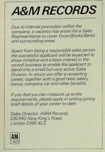 A&M Records, Ltd. sales rep ad