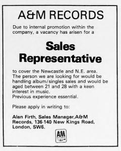 A&M Records, Ltd. ad for a sales representative