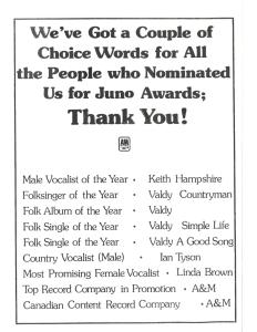 A&M Records Canada: 1974 Juno Nominees ad