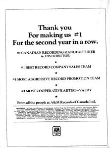 A&M Records Canada #1 at CRIA Canadian Music Industry Awards ad