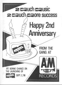 A&M Records Canada on Much Music's 2nd anniversary ad