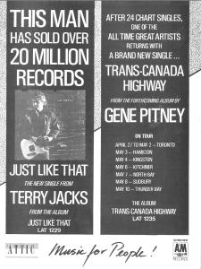 Attic Records Terry Jacks, Gene Pitney Canada ad