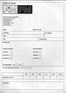 A&M Records, Ltd. A&M:PM series reaction sheet