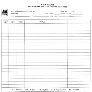 A&M Studios tracking sheet 1971
