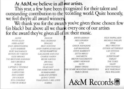 A&M Records we believe in our artists US ad