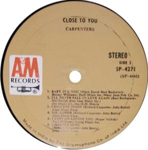 Carpenters: Close to You India vinyl album