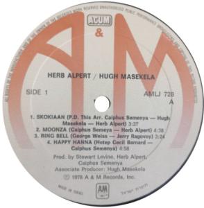 Herb Alpert & Hugh Masekela self titled Israel vinyl album