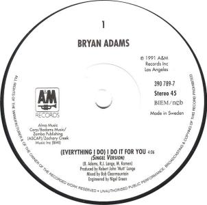 Bryan Adams: I Do It For You Sweden 7-inch