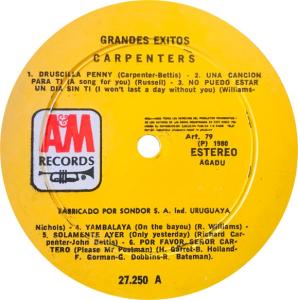 Carpenters: Greatest Hits Uruguay vinyl album
