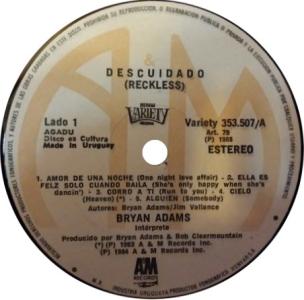 Bryan Adams: Reckless Uruguay vinyl album
