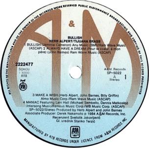 Herb Alpert & the Tijuana Brass: Bullish Yugoslavia vinyl album