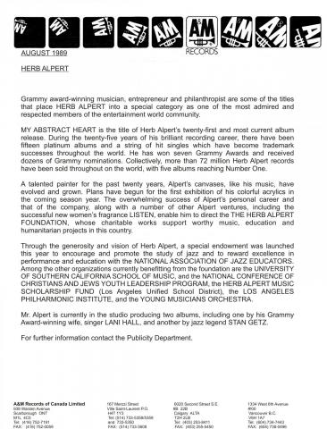Herb Alpert: My Abstract Heart Canada press release