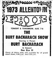 Burt Bacharach 1973 concert ad Allentown, PA