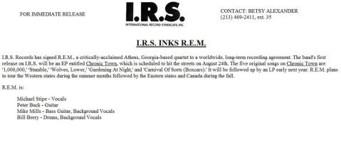 I.R.S. Records press release on signing R.E.M.