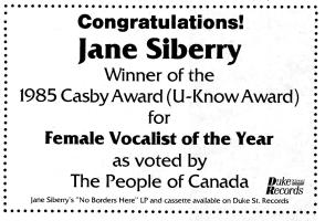 Jane Siberia: 1985 Cosby Award, Female Vocalist Of the Year Canada ad