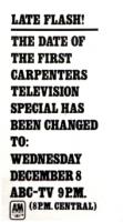 Carpenters 1st TV Special time change ad