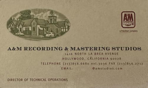 A&M Studios & Mastering Business Card 1990s