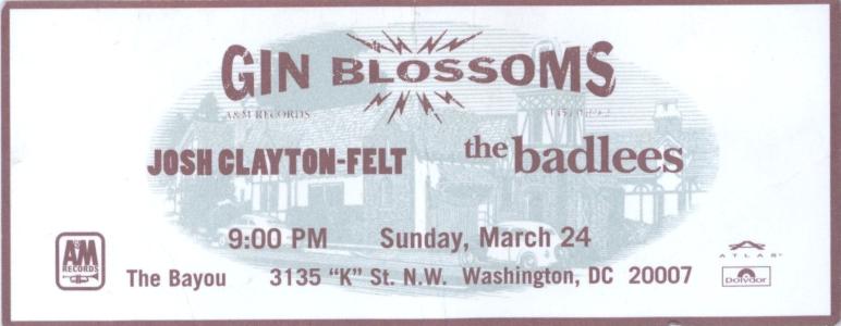 Gin Blossoms, Josh Clayton-Felt, Badlees 1996 concert ticket by A&M Records