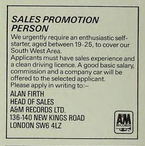 A&M Records, Ltd. ad for a sales promotion employee